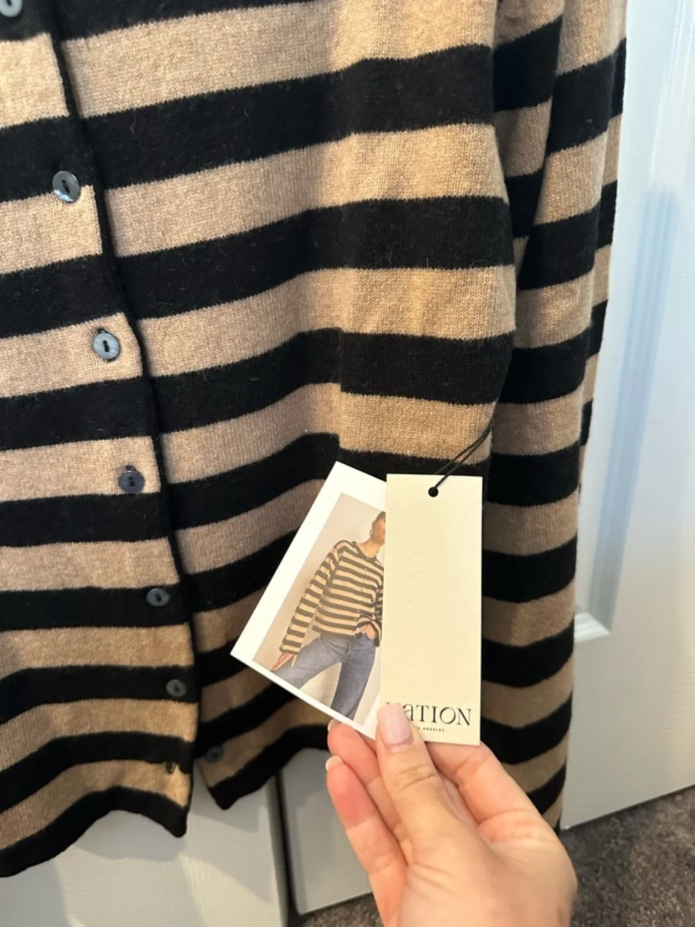 Nation LTD Striped Crewneck Cardigan in Tan and Black - Picture 4 of 5